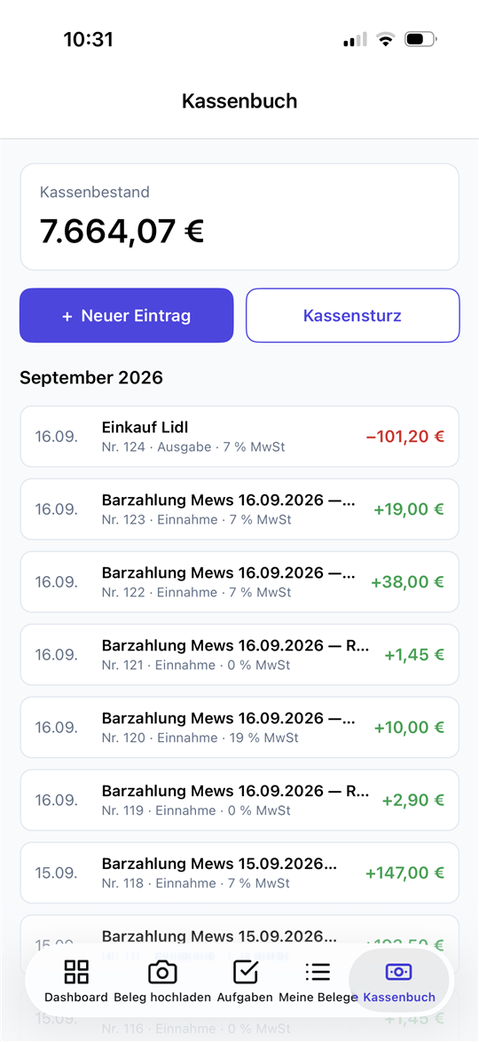 Fynera-App: Kassenbuch mit Kassenbestand und Live-Einträgen